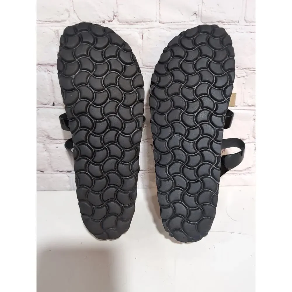 Sanosan Black Patent Metallic Leather Straps Soft Footbed Cork Wedge Sandals 38